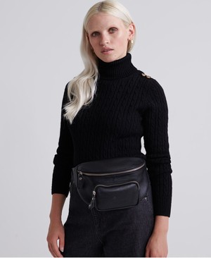 Superdry Croyde Cable Roll Neck Női Kötöttáru Fekete | RNYMJ0491